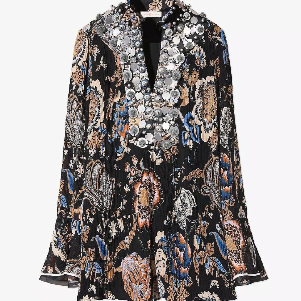 Tory Burch Dominique Tunic Blouse Top Midnight Happy Times Embellished 4